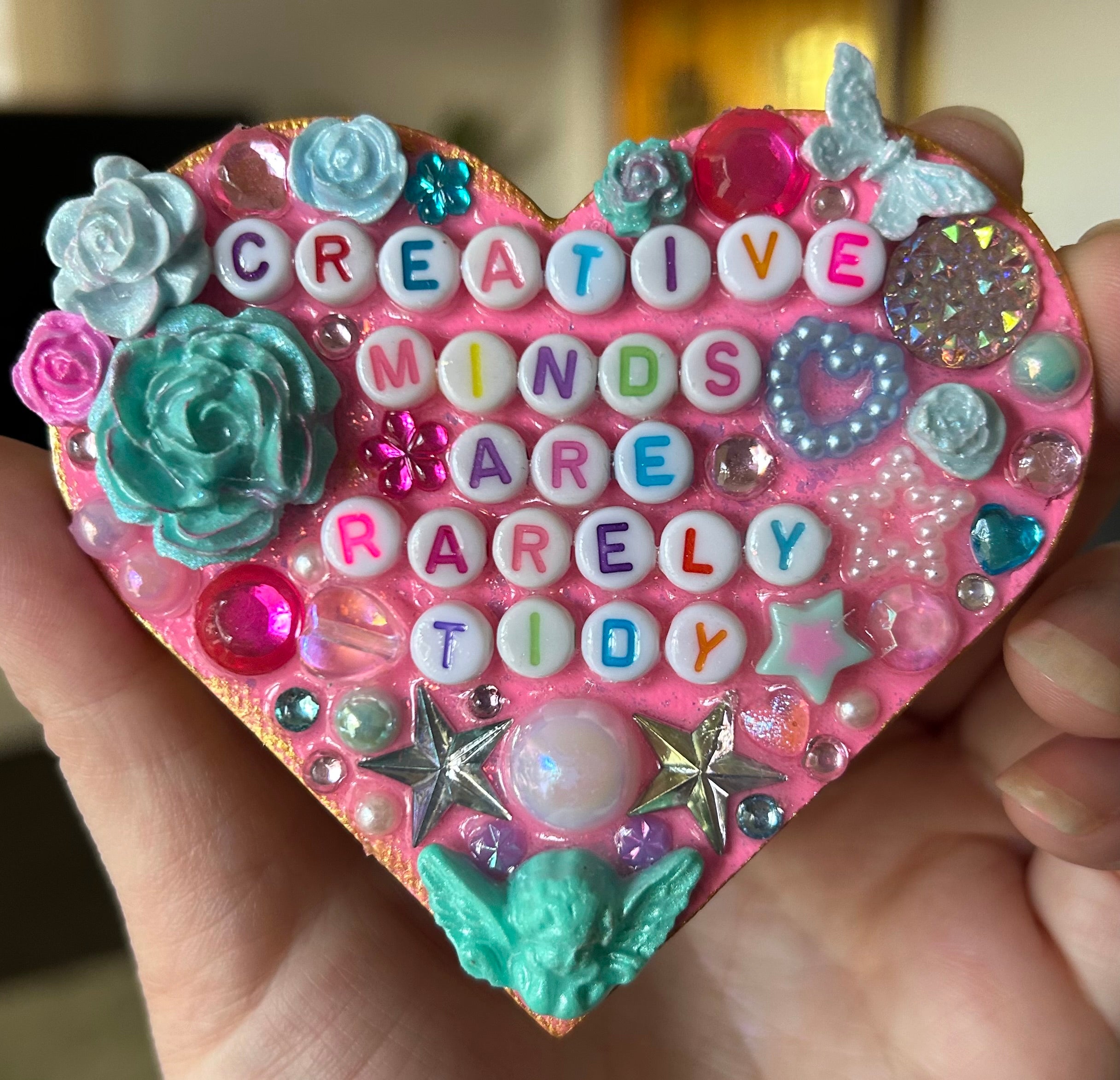 ‘Creative Minds Are Rarely Tidy’ - Heart Shaped Bedazzled Magnet