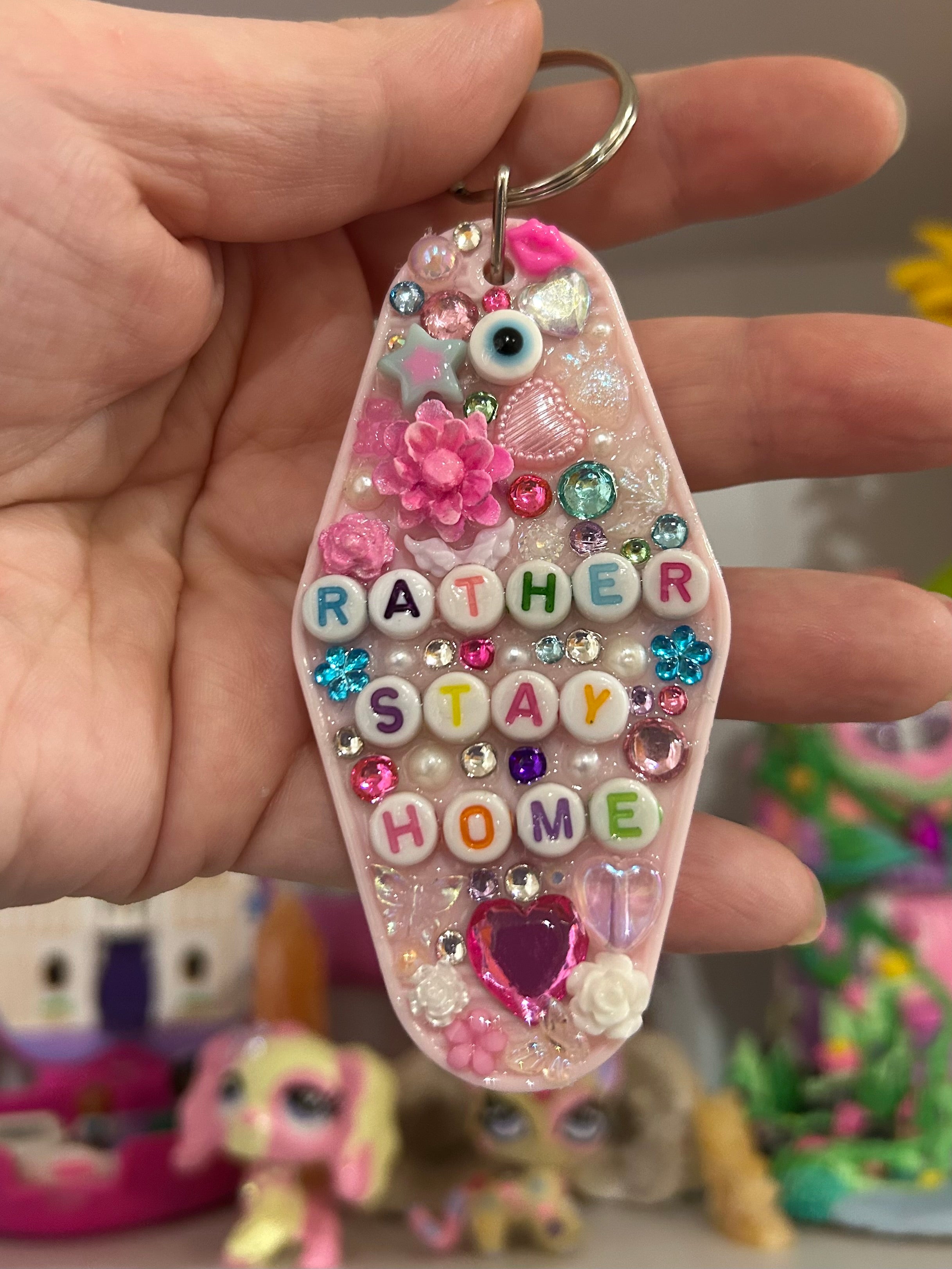 ‘Rather Stay Home’ - Bedazzled Motel Keyring