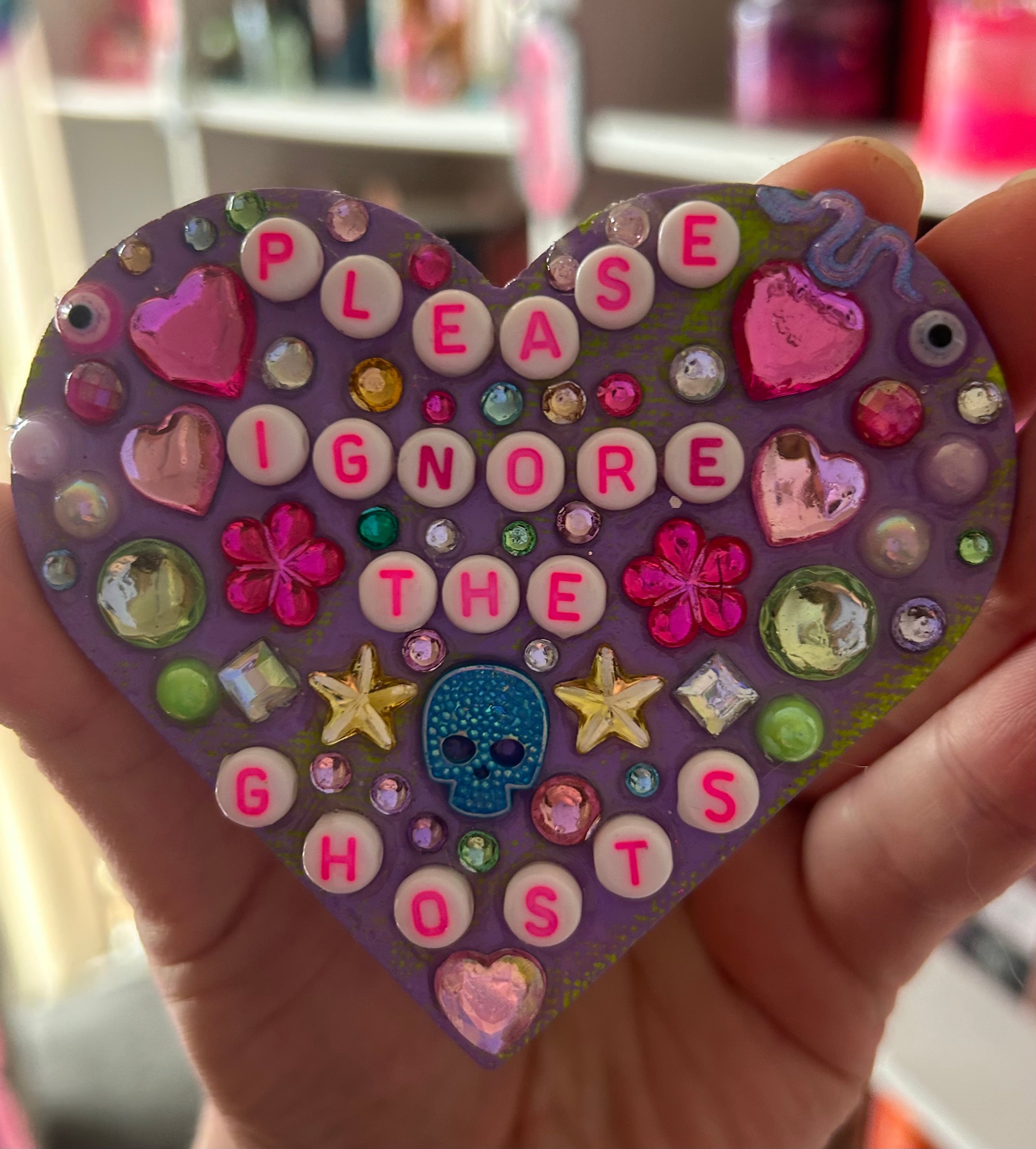 Please Ignore The Ghosts - Bedazzled Heart Shaped Magnet