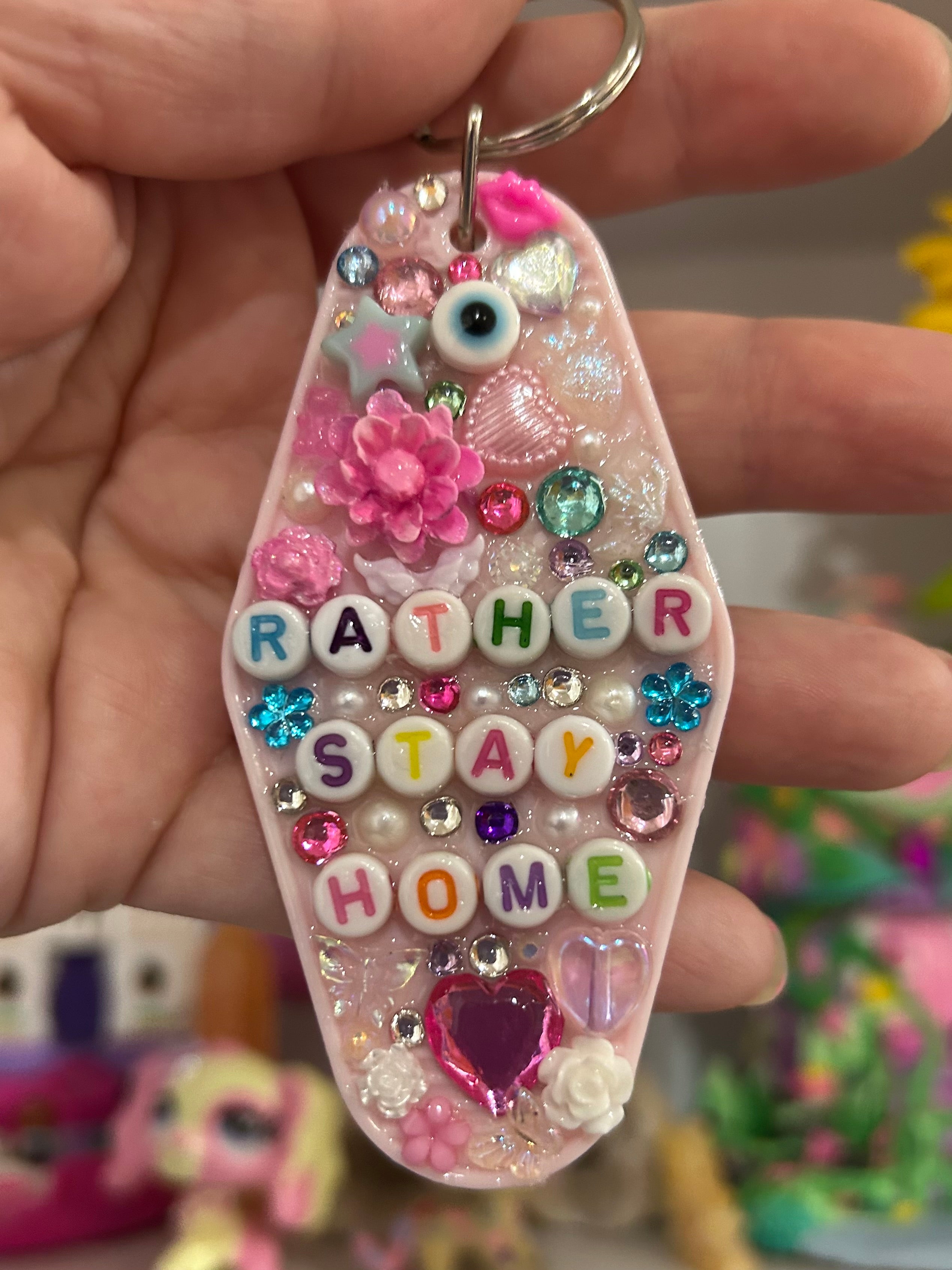 ‘Rather Stay Home’ - Bedazzled Motel Keyring